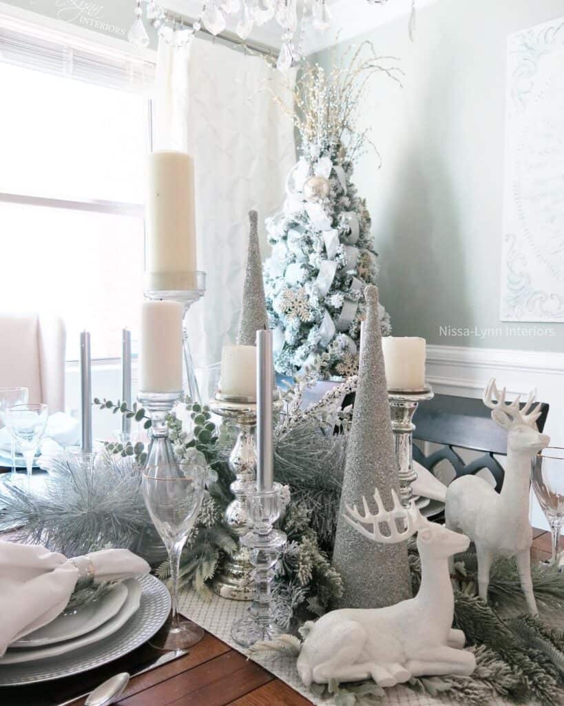 White Dining Decor with Candles and Reindeer
