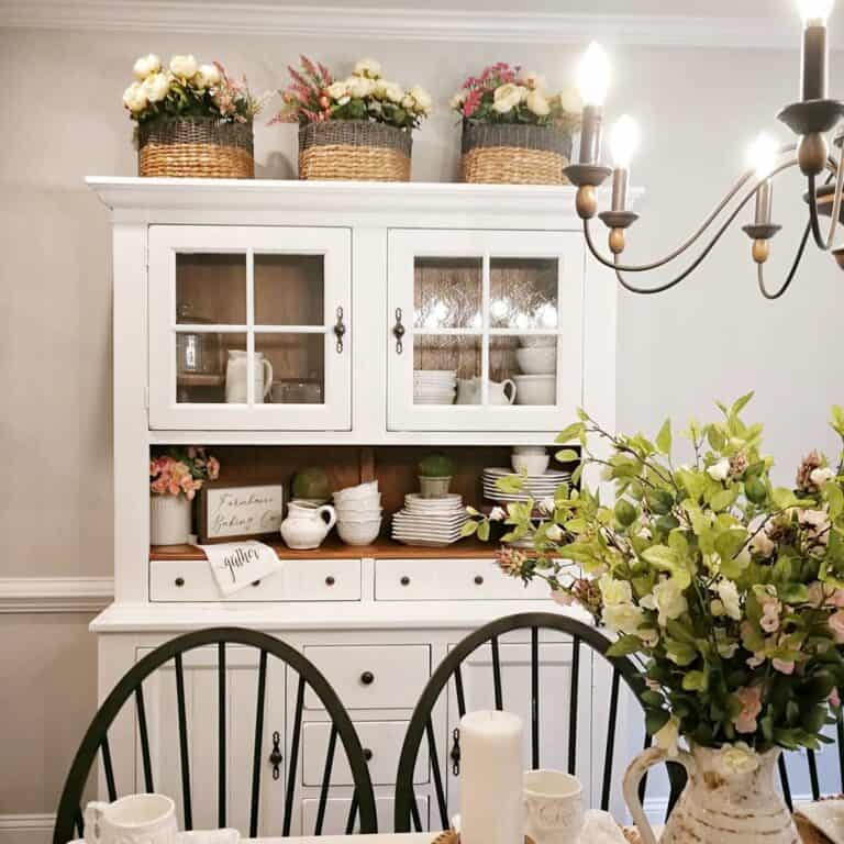 White Dining Hutch with Woven Basket Decor