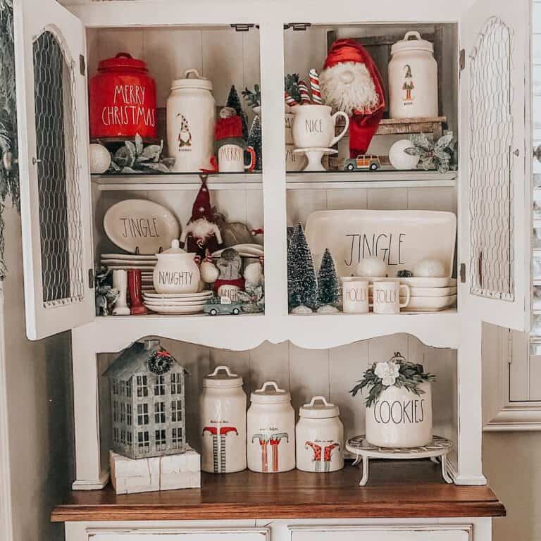 White Distressed Hutch with Red Decor