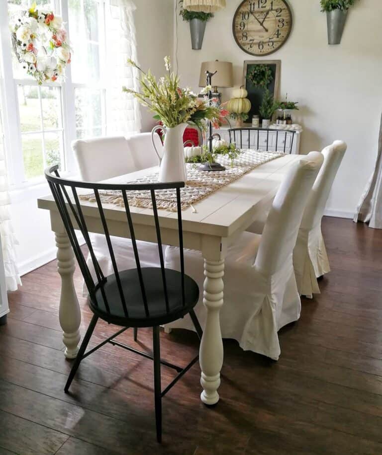White Farmhouse Dining Table With Covered Chairs