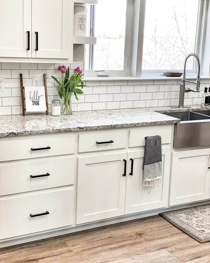 White Farmhouse Kitchen Cabinets with Black Hardware