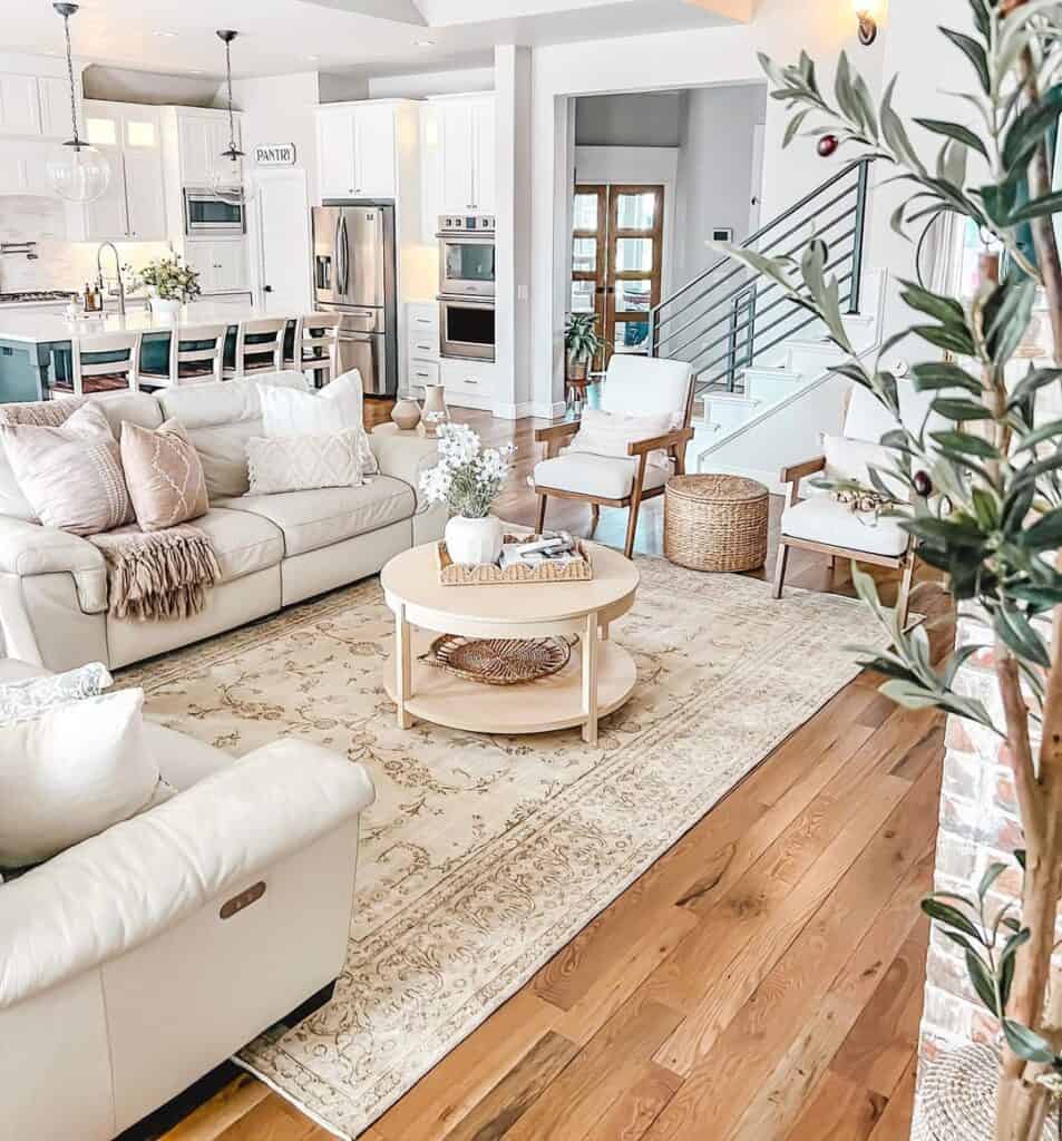White Farmhouse Living Room with Round Coffee Table