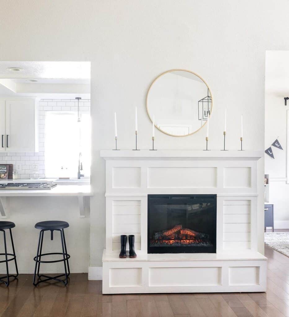 White Fireplace Mantel in Open Concept Living Room