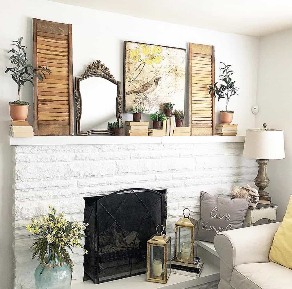 White Fireplace with Black Wrought Iron Screen