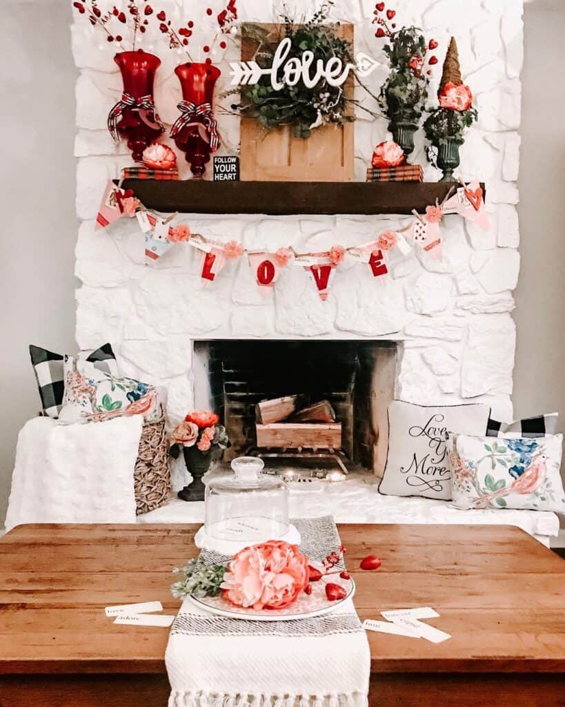 White Fireplace with Valentine's Décor