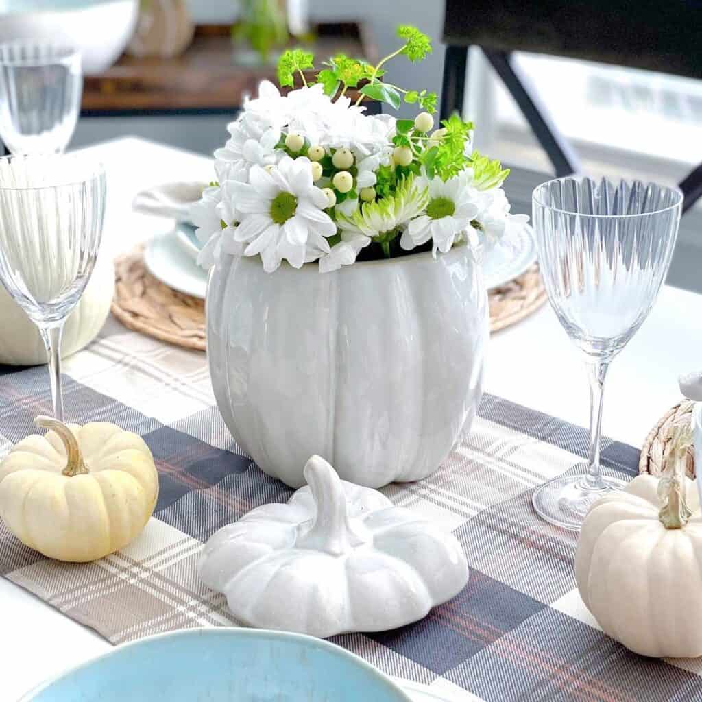 White Floral Table Centerpiece with Pumpkin Décor
