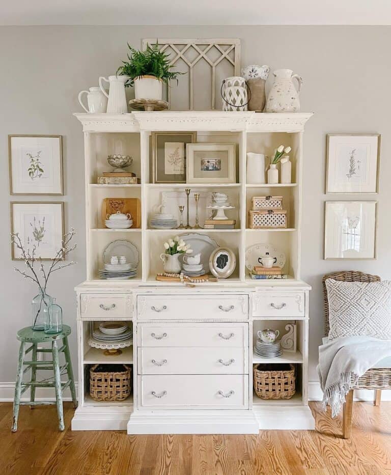 White Hutch Buffet with Farmhouse Decor