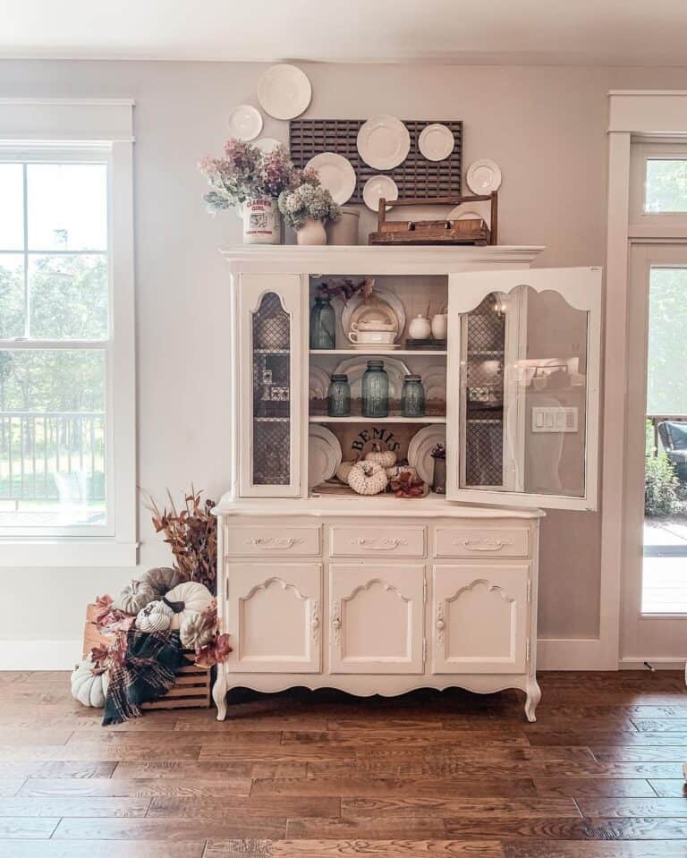 White Hutch Buffet with Glass Cabinet Doors