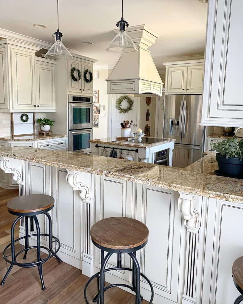 White Kitchen Peninsula with Bar Stools