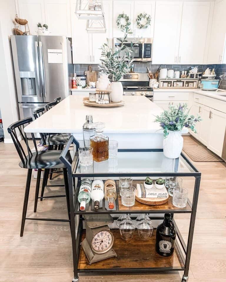 White Kitchen With Decorative Bar Cart