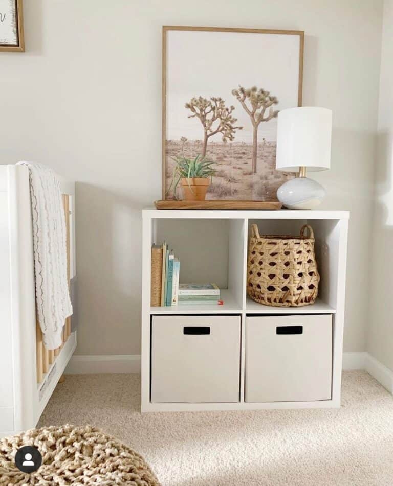 White Lamp on a White Nursery Storage Unit