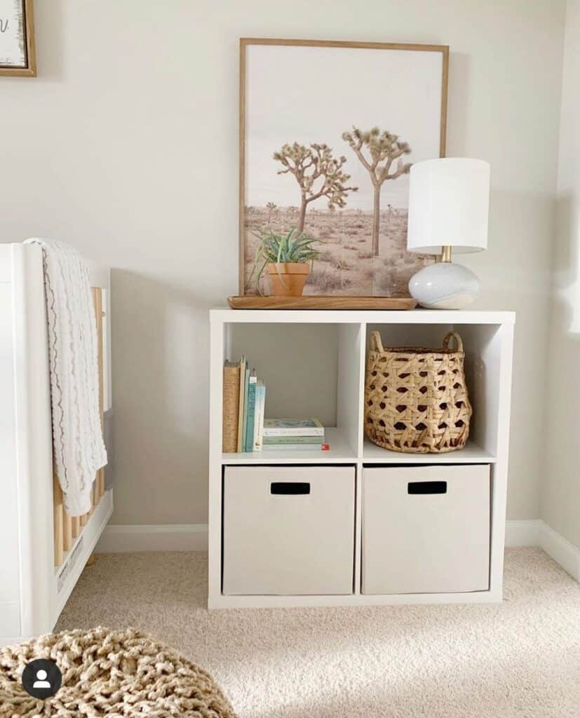 White Lamp on a White Nursery Storage Unit