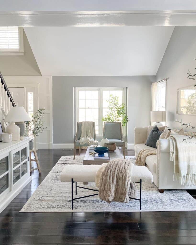 White Living Room Bench with Gray Walls