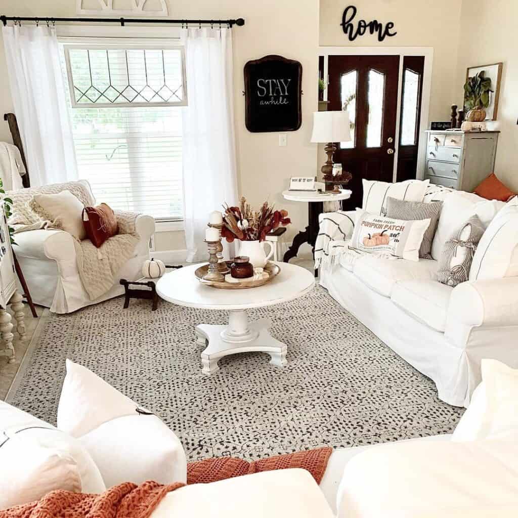 White Living Room Furniture with Autumn Decor