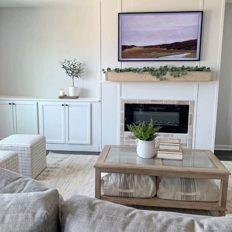 White Living Room with Built-in Fireplace