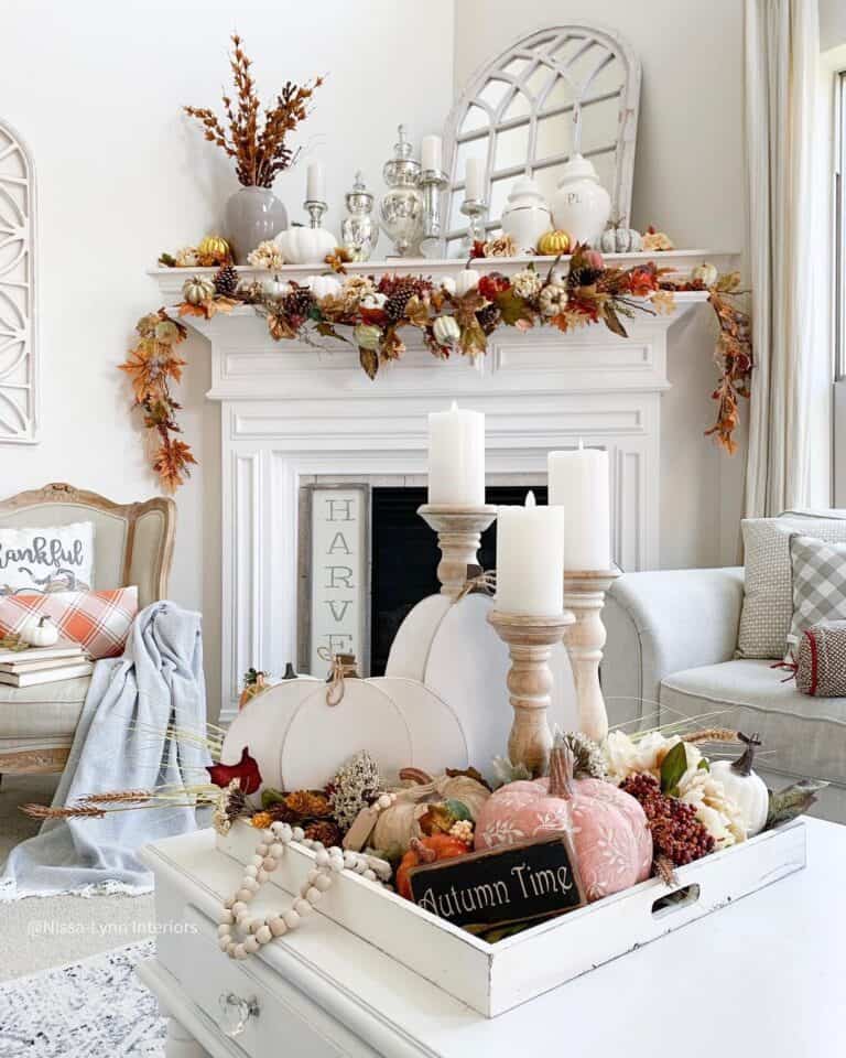 White Living Room with Fall Coffee Table Decorations