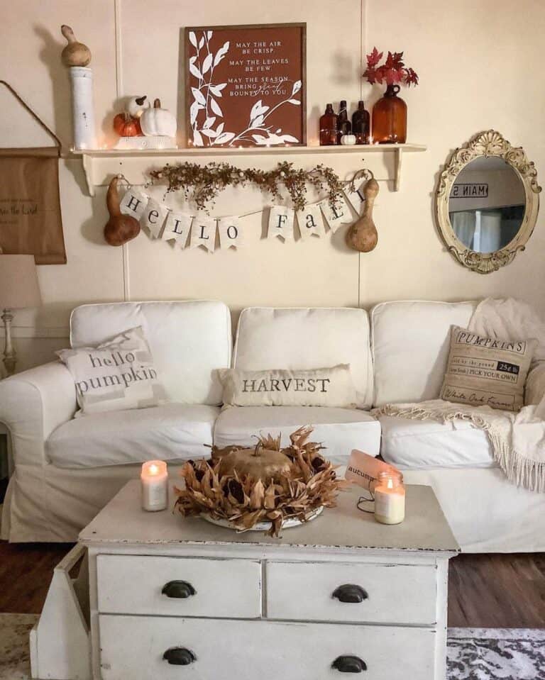 White Living Room with Fall Decorations