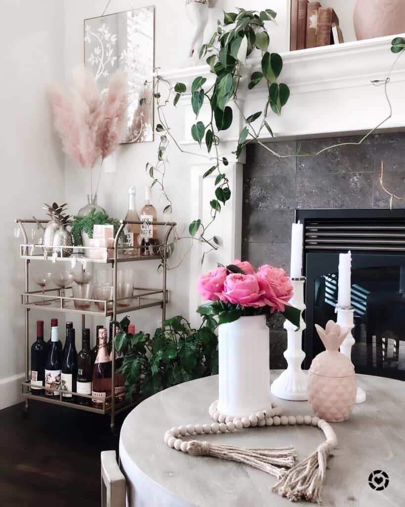 White Living Room with Glam Bar Cart Decor