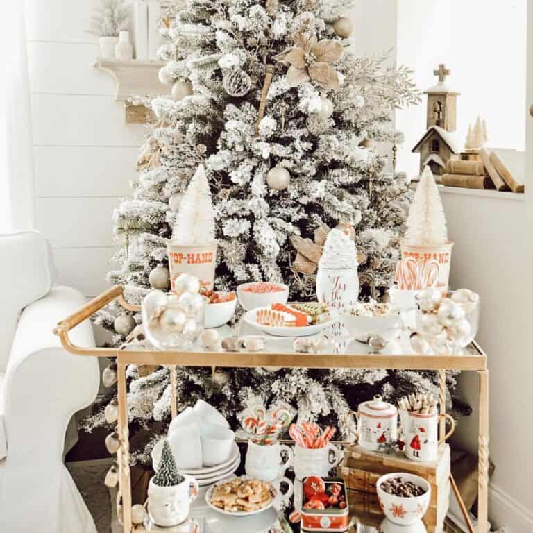 White Living Room with White Decorated Bar Cart