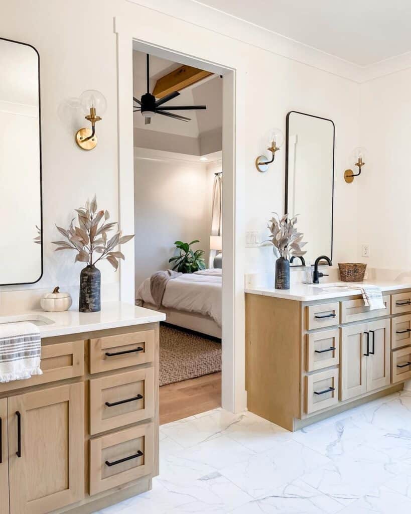 White Marble Bathroom Floor Tiles with Wood Vanities