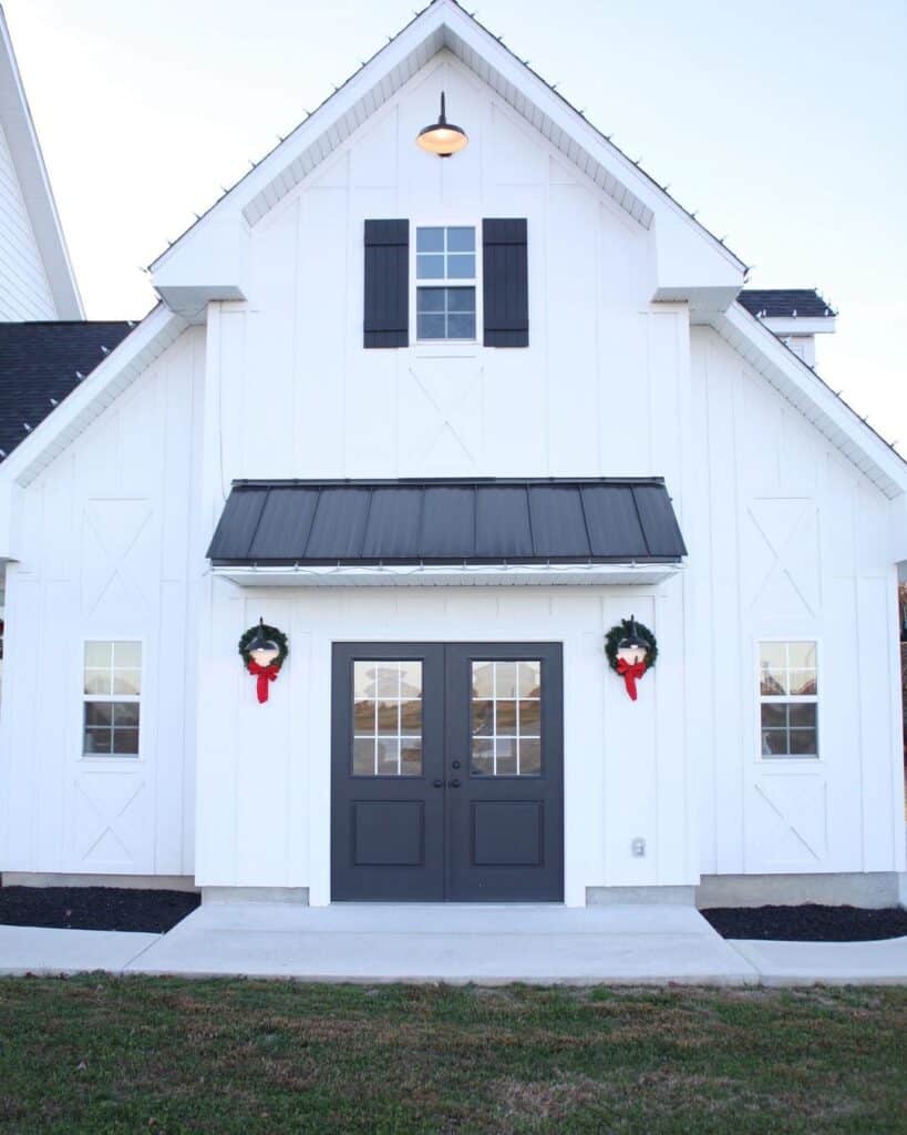 White Modern Farmhouse with Double Black French Doors