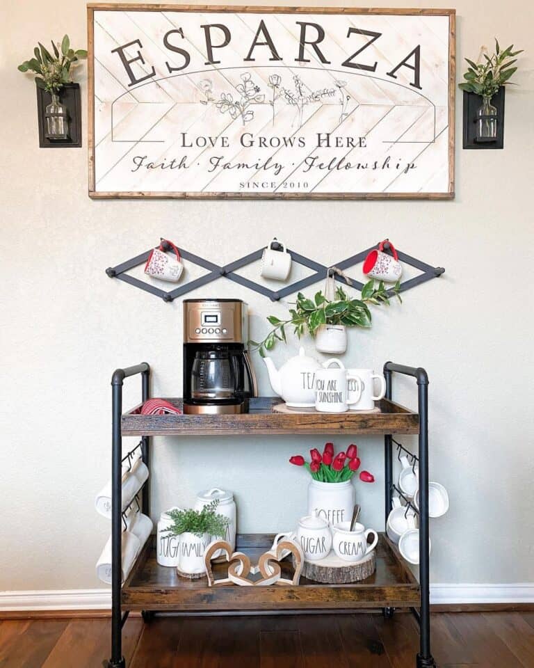 White Mug Bar Cart with Red Tulip Accents