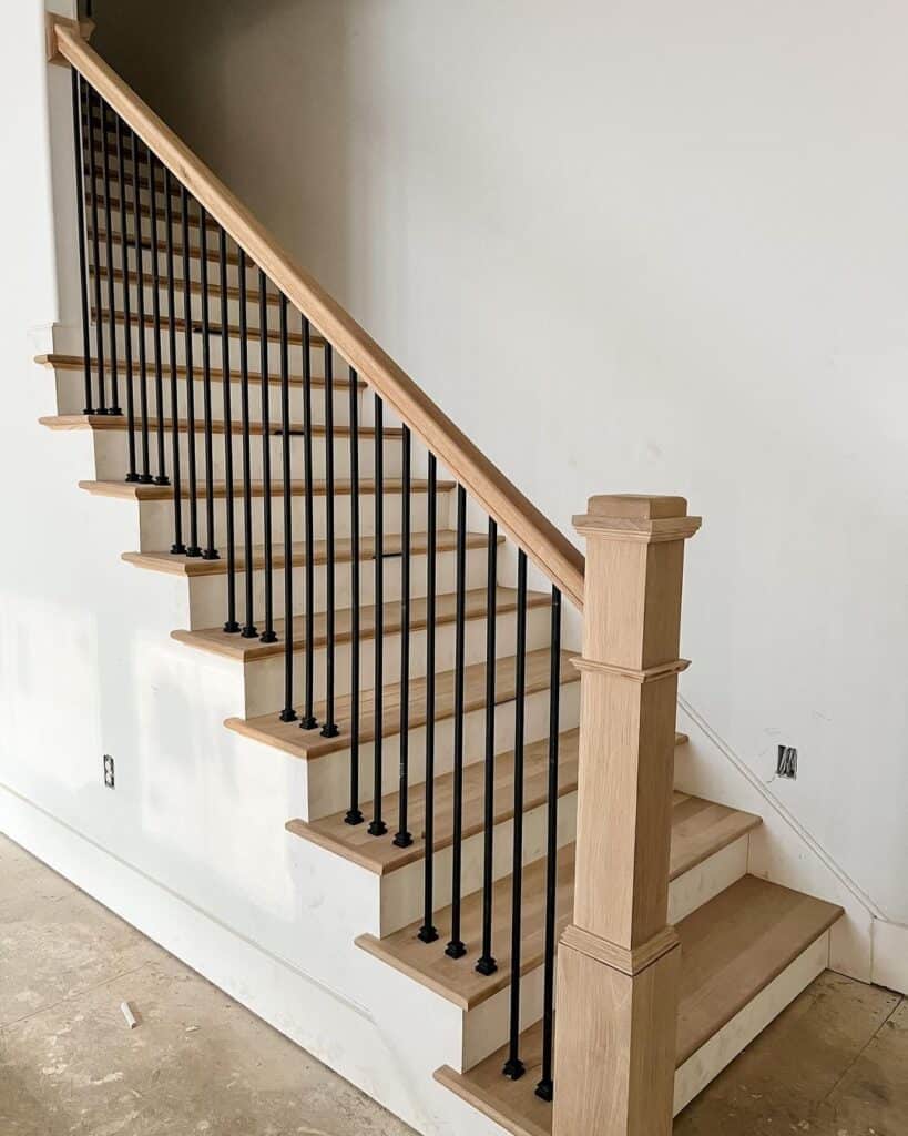 White Oak Wood Staircase with Black Metal Spindles