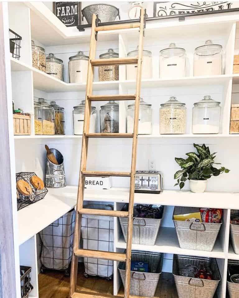 White Pantry Shelves with Wood Ladder