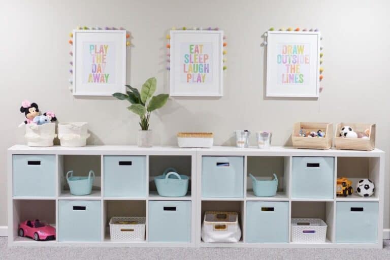 White Playroom Storage Cubes Under Colorful Signs