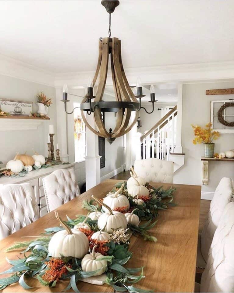 White Pumpkin Centerpiece with Green and Red Accents
