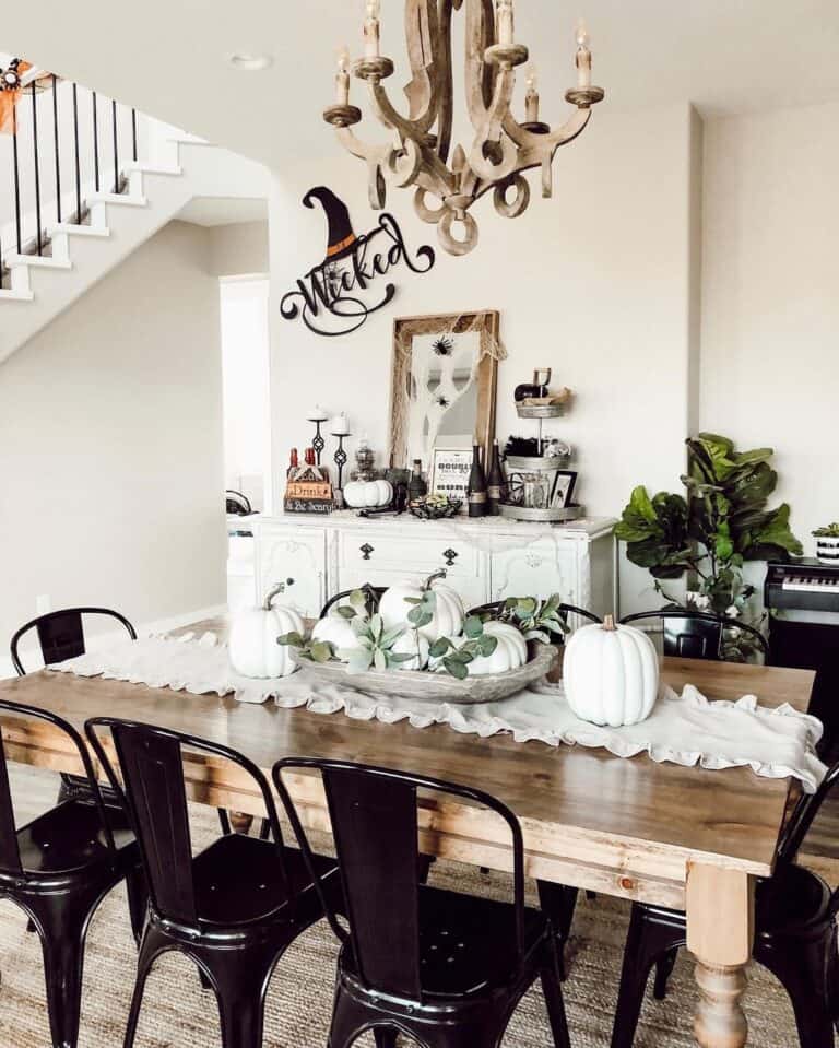 White Pumpkin Centerpieces in Dining Room