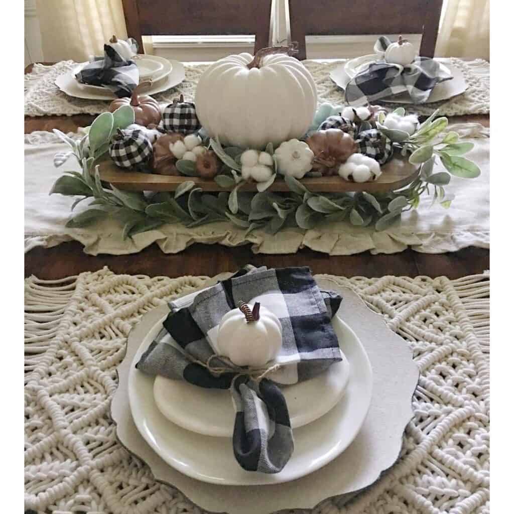 White Pumpkin Centerpieces on a White Table Setting