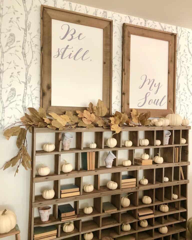 White Pumpkin Décor on Apothecary Shelves