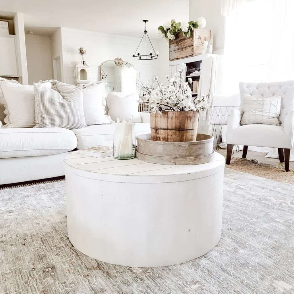 White Round Farmhouse Coffee Table With Storage