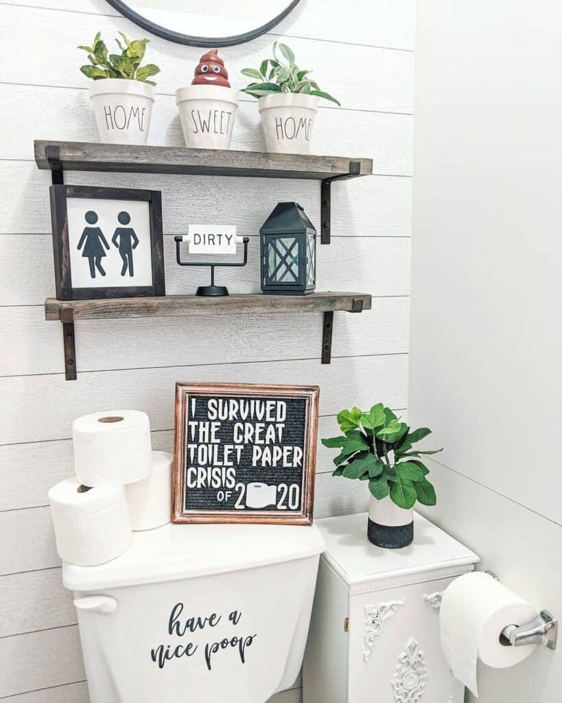 White Shiplap Bathroom with Bath Signs Decor