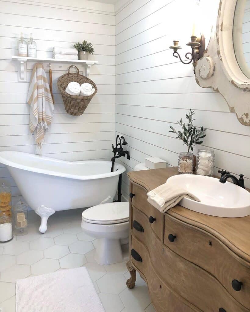 White Shiplap Bathroom with White Floor Tiles