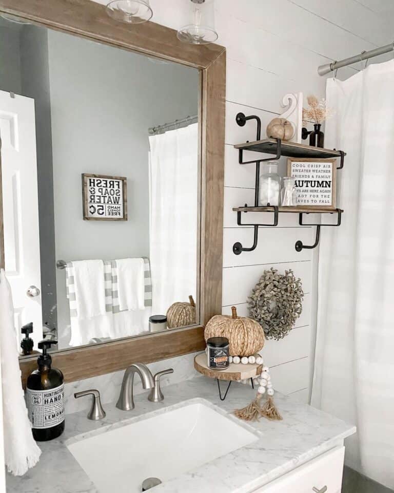 White Shiplap Bathroom with Wood Framed Mirror