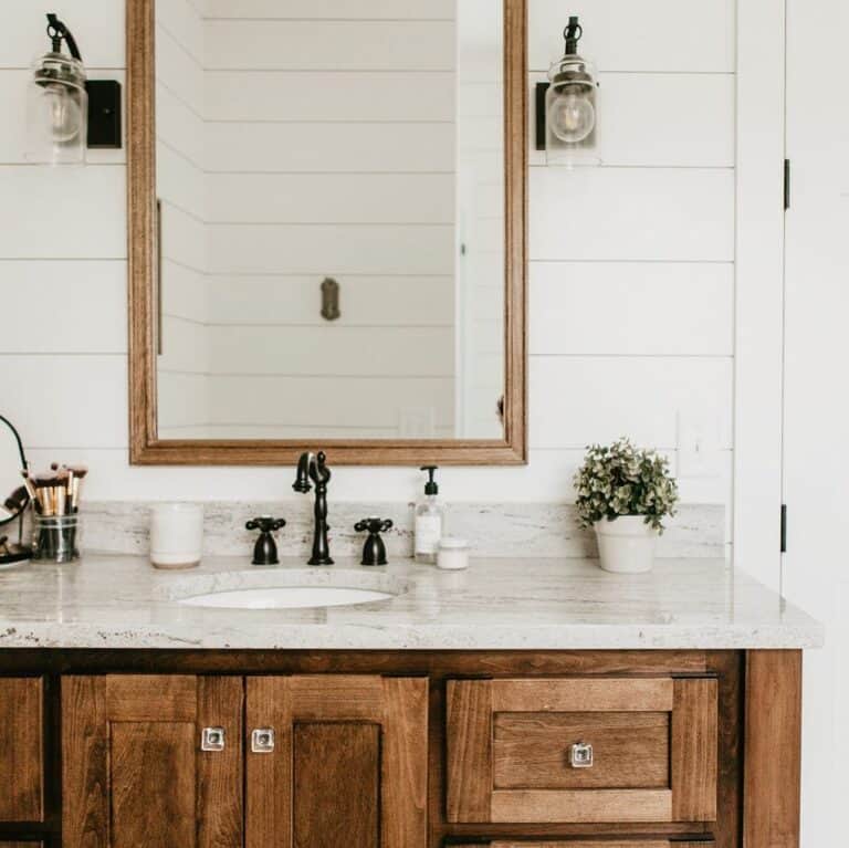 White Shiplap Bathroom with Wood Vanity