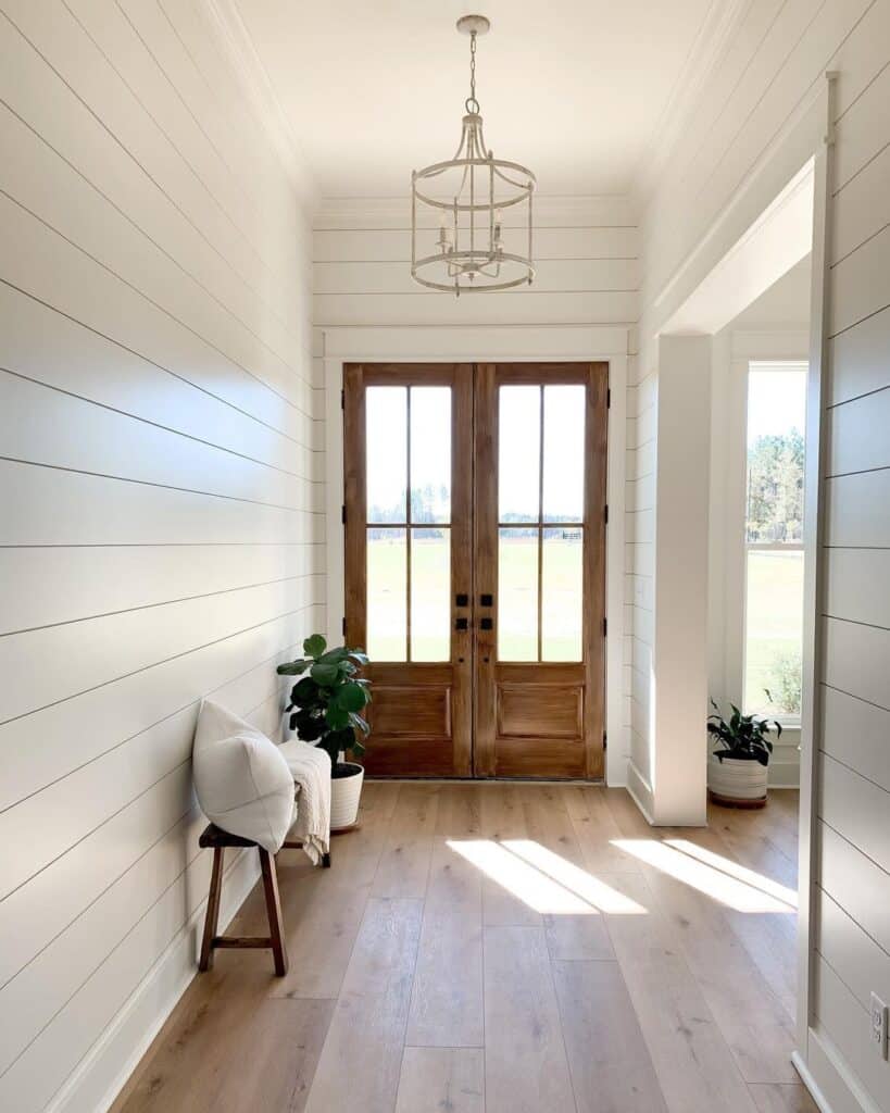 White Shiplap Entryway with Double French Doors