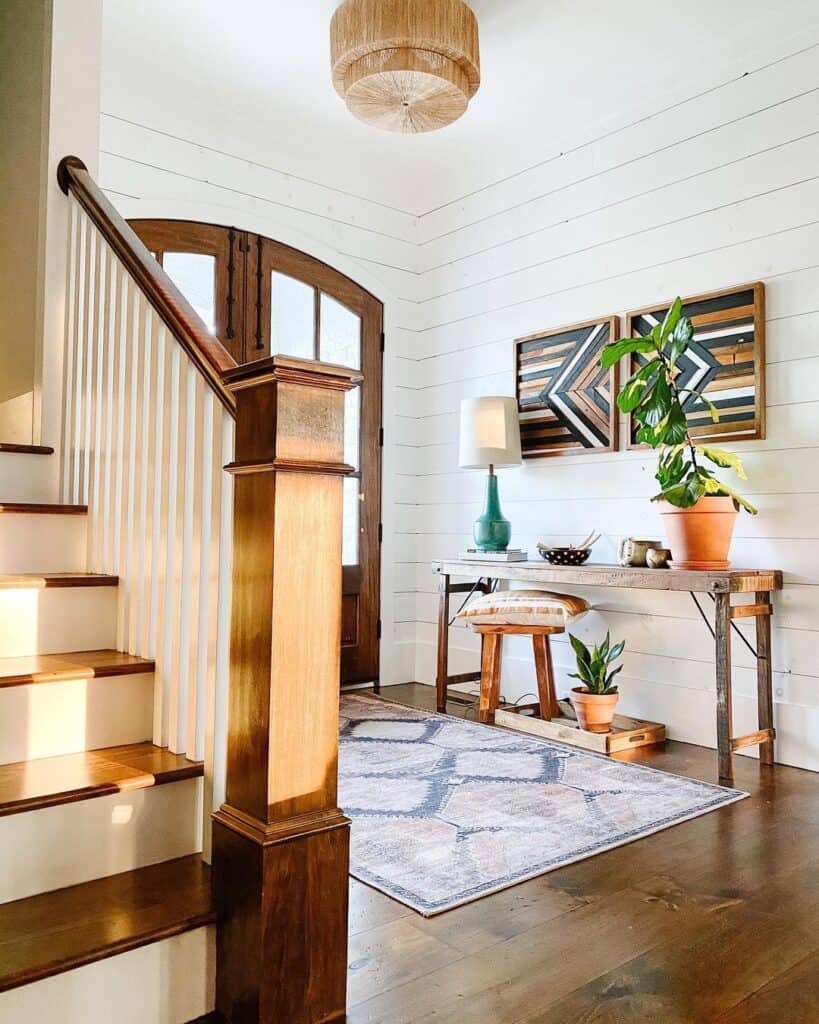 White Shiplap Farmhouse Entryway with Wood Accents