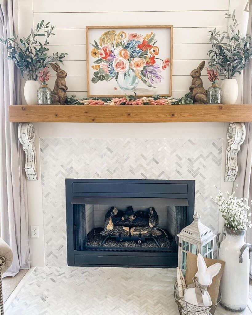 White Shiplap Fireplace with Herringbone Tile