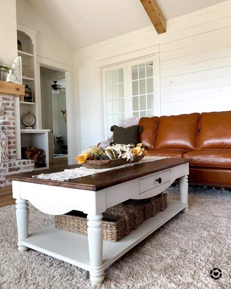 White Shiplap Living Room with Brown Leather Sofa
