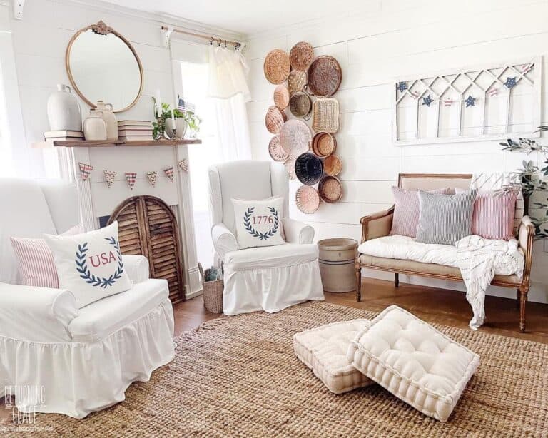 White Shiplap Living Room with Cream Poufs