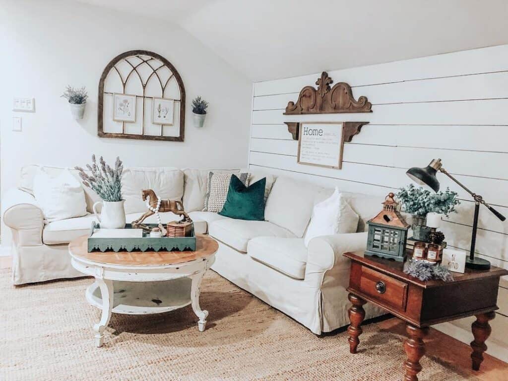 White Shiplap Living Room with Wood Accents