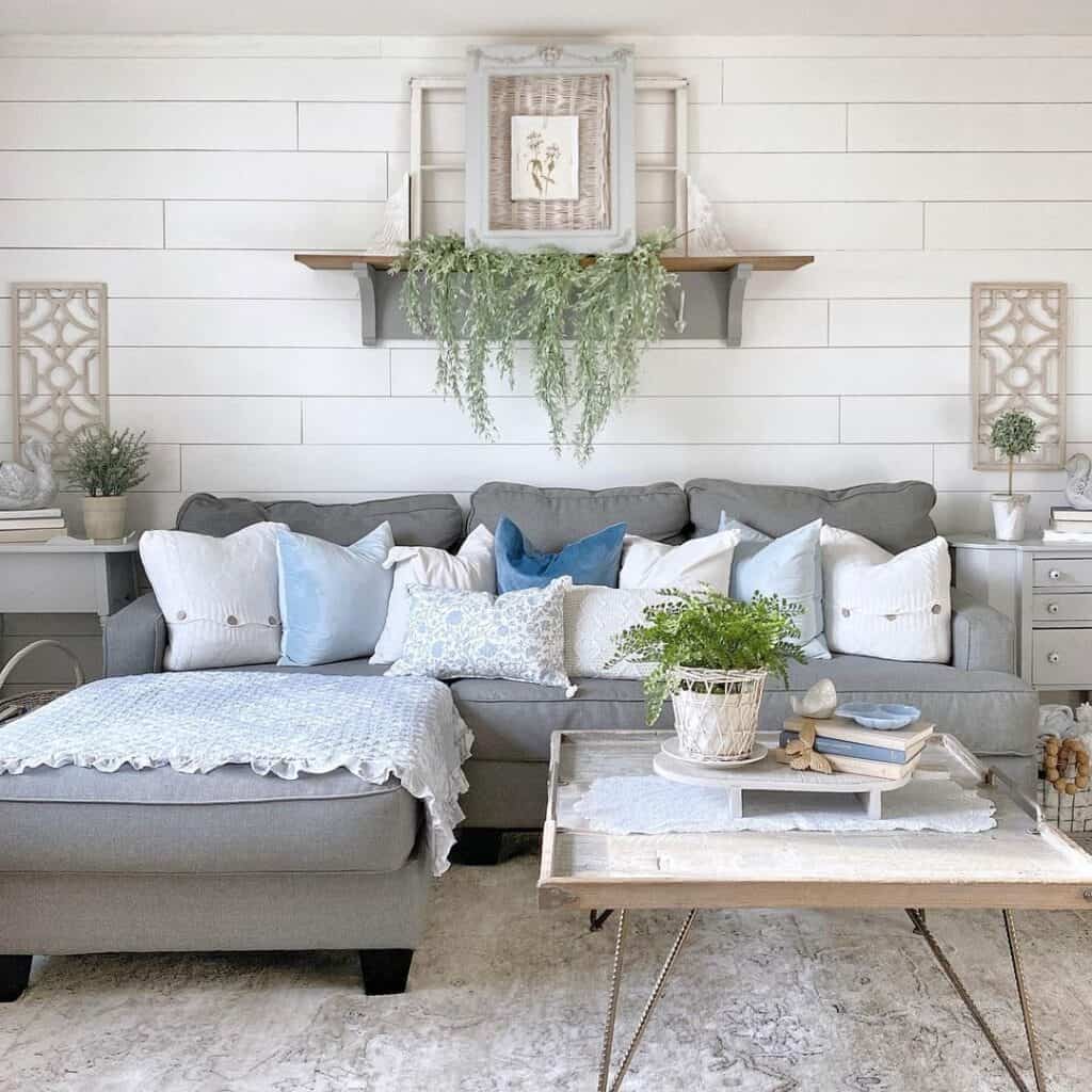 White Shiplap Walls with Grey Sectional