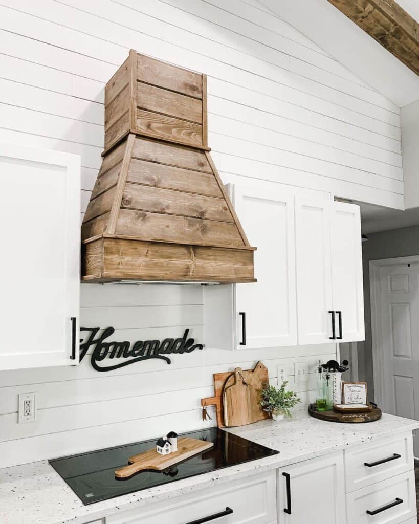 White Shiplap Walls with Rustic Wood Range Hood