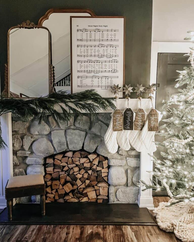 White Stockings Hanging In Front of a Stone Fireplace