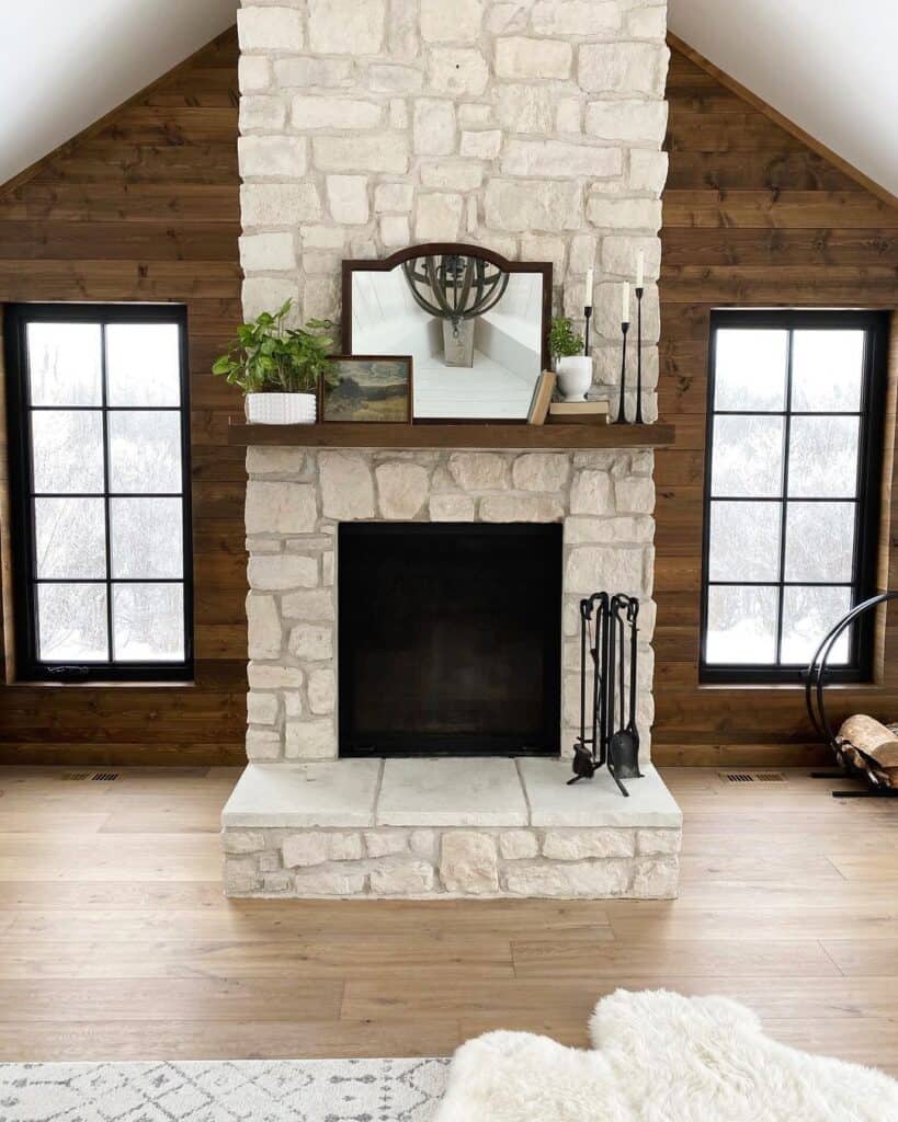 White Stone Fireplace and Contrasting Wood Shiplap