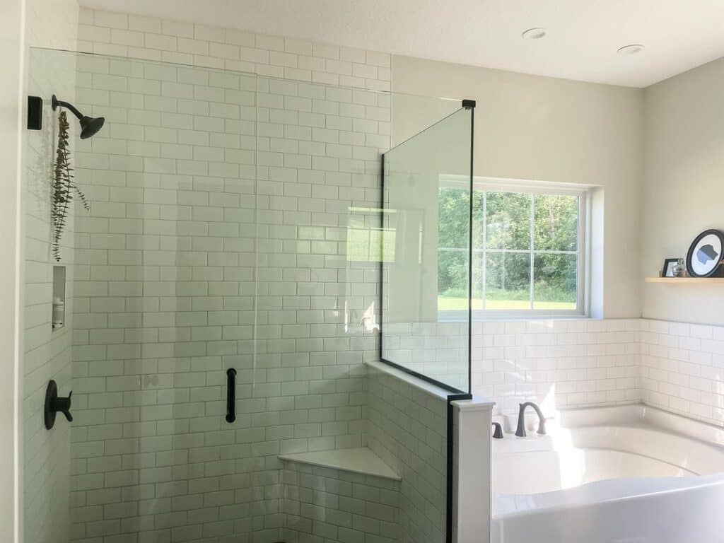 White Subway Tile Bathroom with Tub and Shower Bench