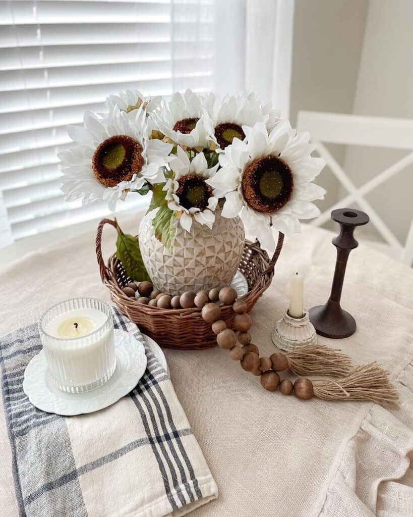 White Sunflowers in Wicker Basket